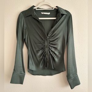 Satin ruched button up in green - ZARA